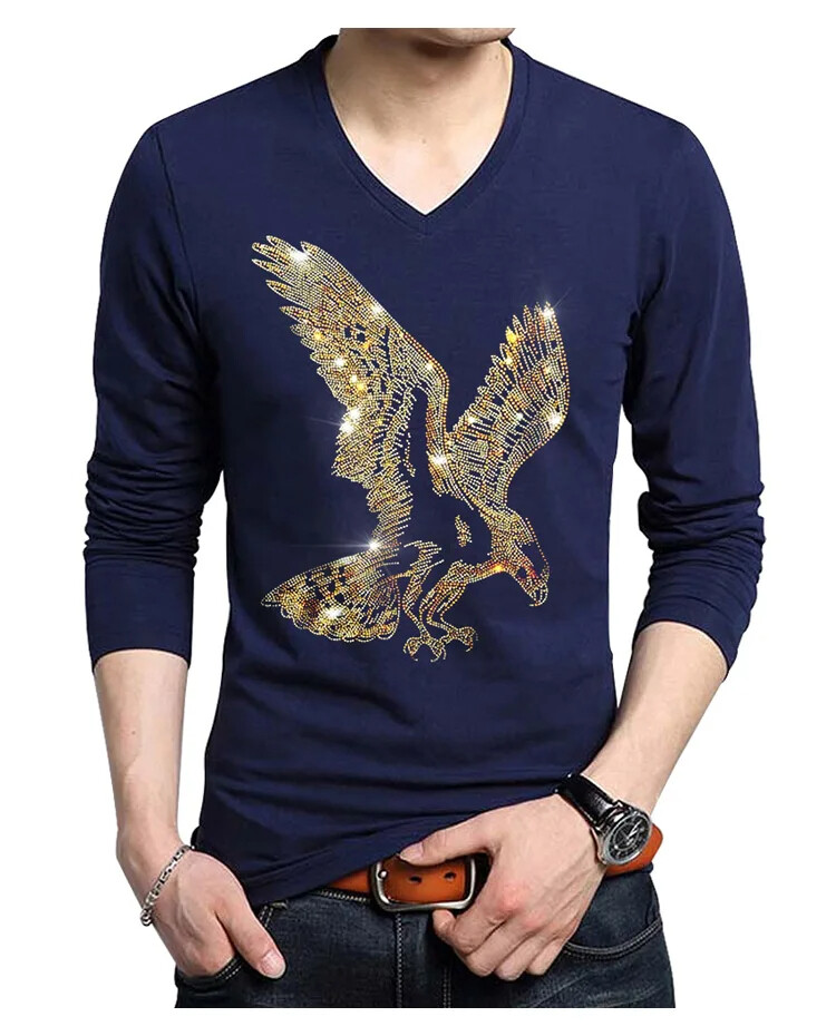 Fashion Trend Eagle Rhinestones Streetwear Long Sleeve Luxury Men V-Neck T-Shirt