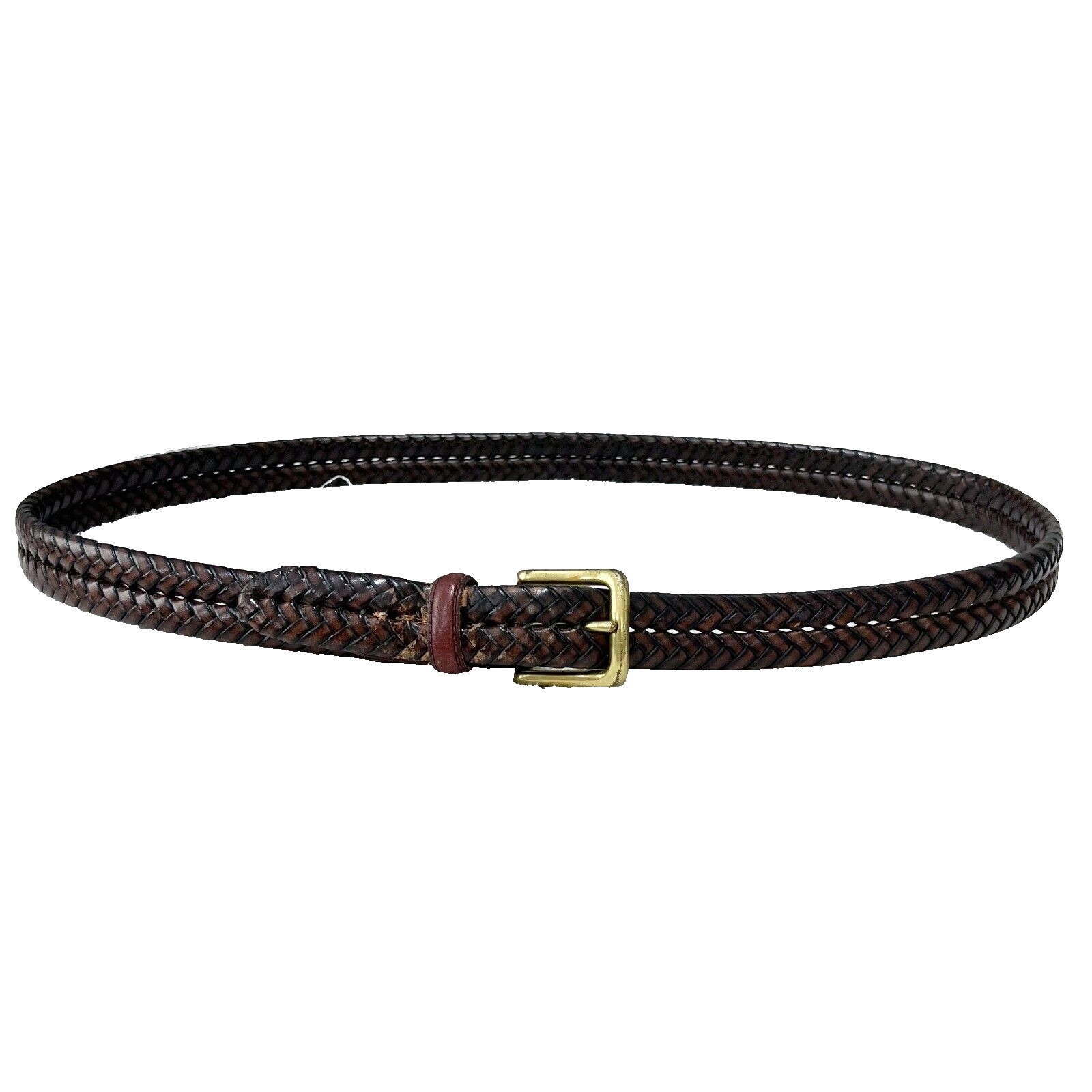 Fossil Leather Belt Mens Brown Woven Braided 110 M Solid Brass Buckle *Flaw