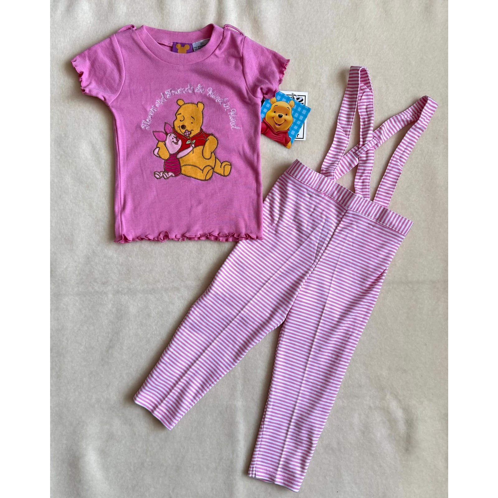 Vintage 90s Disney Winnie the Pooh Overalls Set Girls Size 3T Pink White Piglet