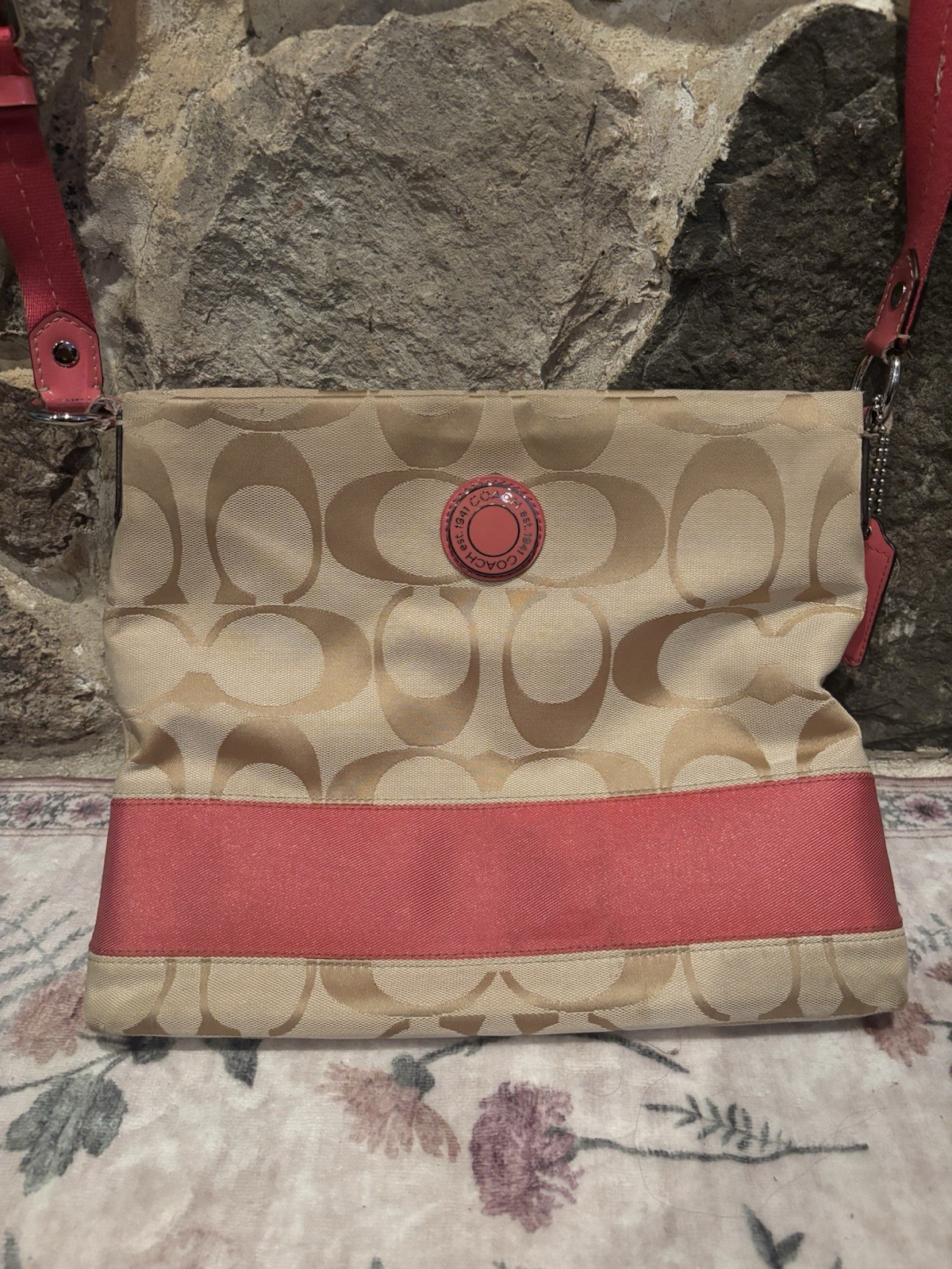 Coach Signature beige & pink logo crossbody bag w/ zip, adjustable strap, charm