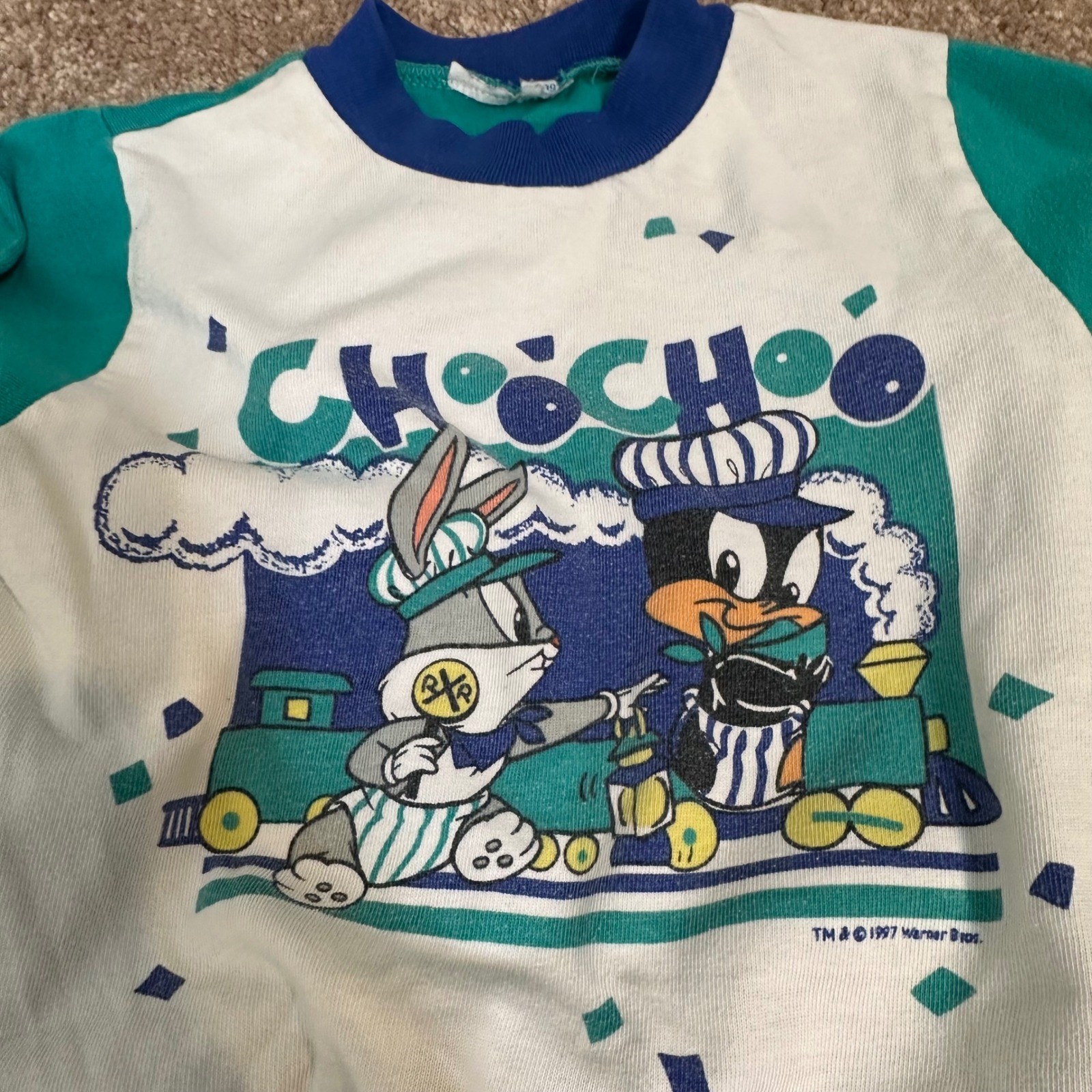 Vintage 1997 Baby Looney Tunes Bugs Bunny Daffy Duck Choo Choo Sweat Suit Teal