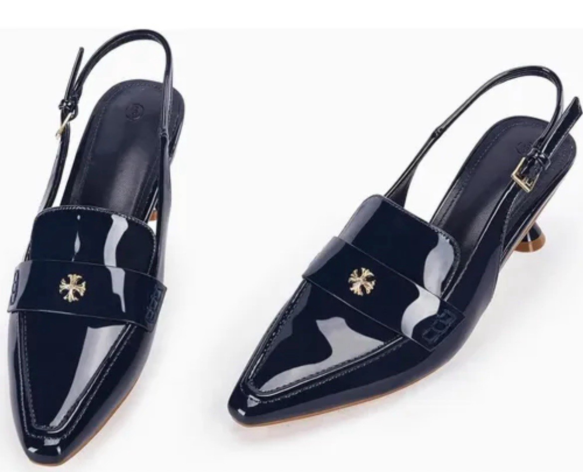 Tory Birch Navy Blue Patent Leather Pointed Toe Slingback Heels 8.5 Buckle Chic