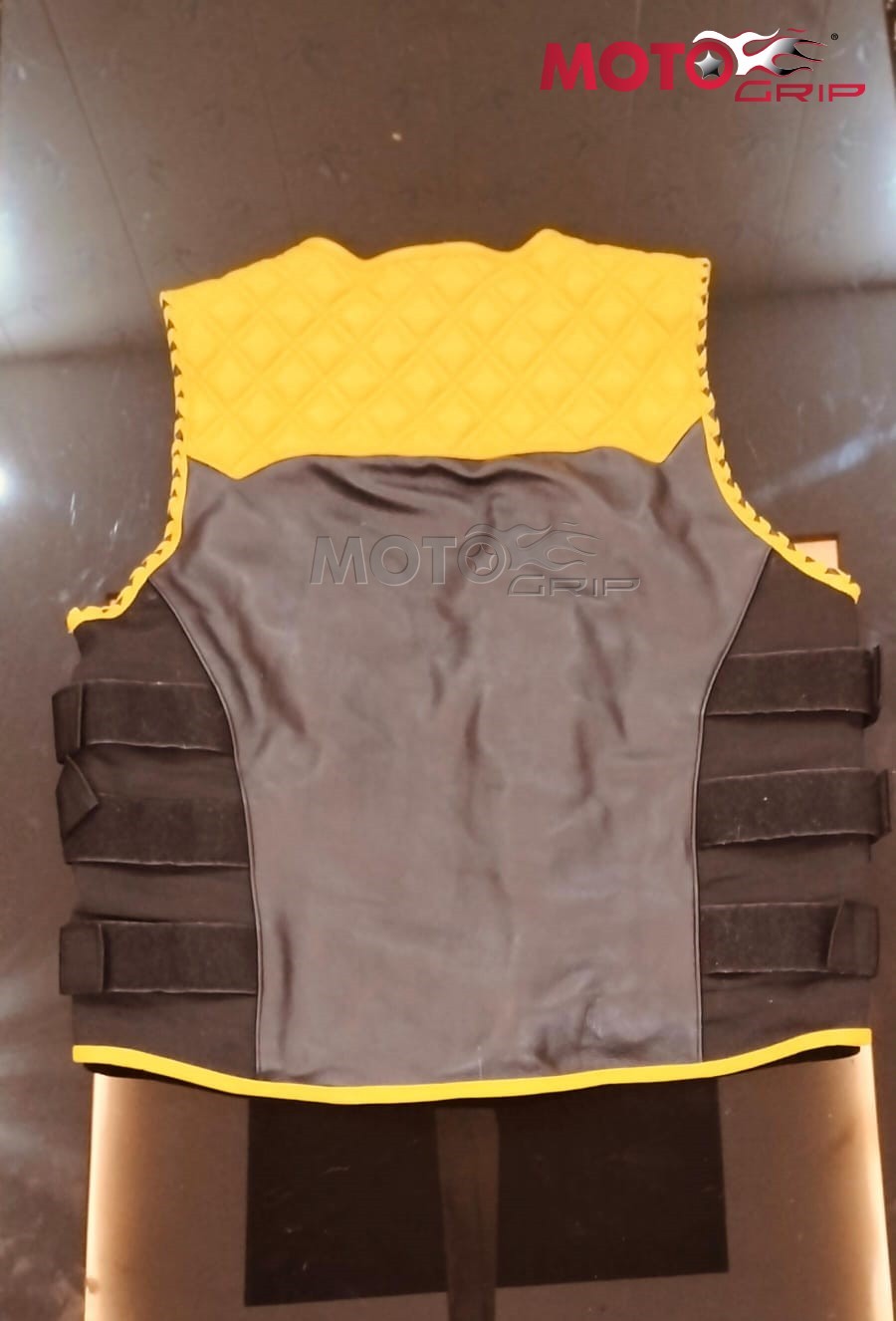 Handmade Leather Biker Vest Yellow Black Quilted Motorcycle Club Style