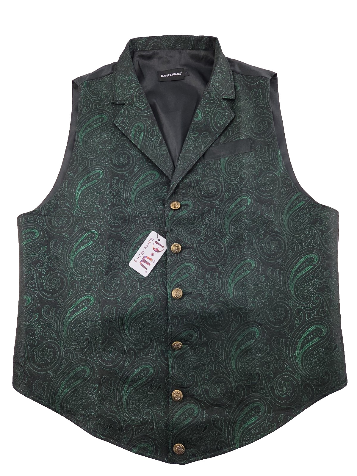 Barry Wang Mens Vest Size Large Green Paisley Metal Buttons Silk