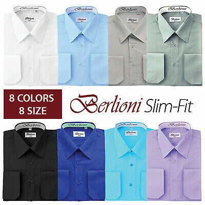 Berlioni Italy Men’s Slim fit Convertible Cuff Solid Italian French Dress Shirt