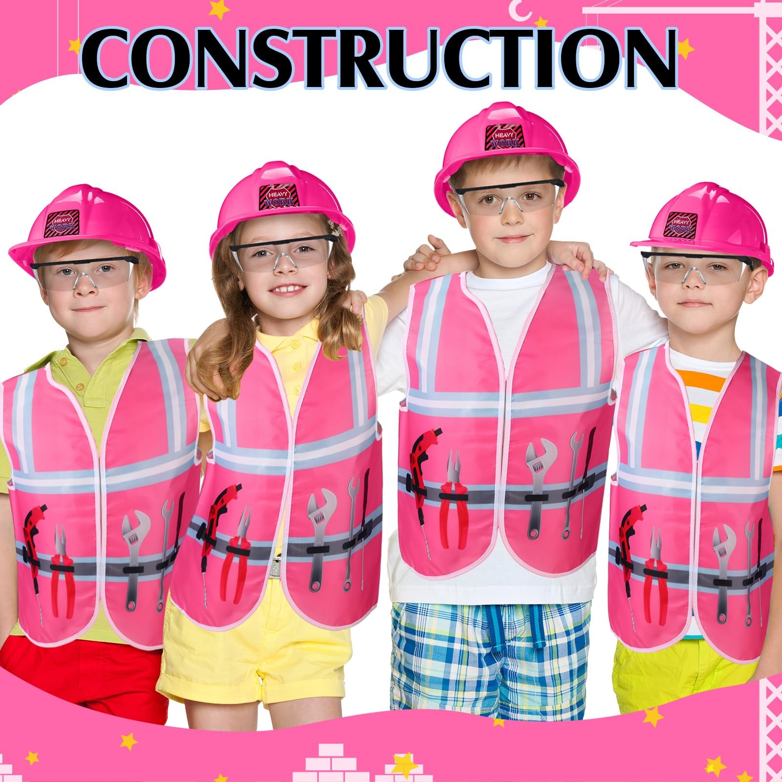 Kids Construction Worker Costume Set Hard Hat Vest Goggles Dress Up Outfit