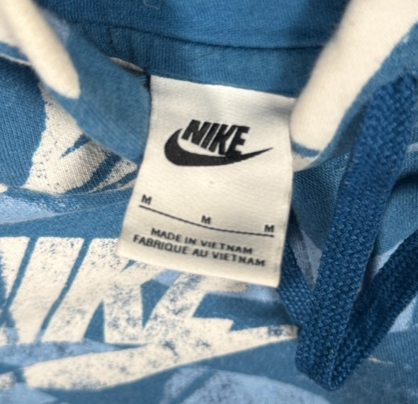 Nike Sportswear Essentials All Over White Nike Logo Print Hoodie – Blue – Size M