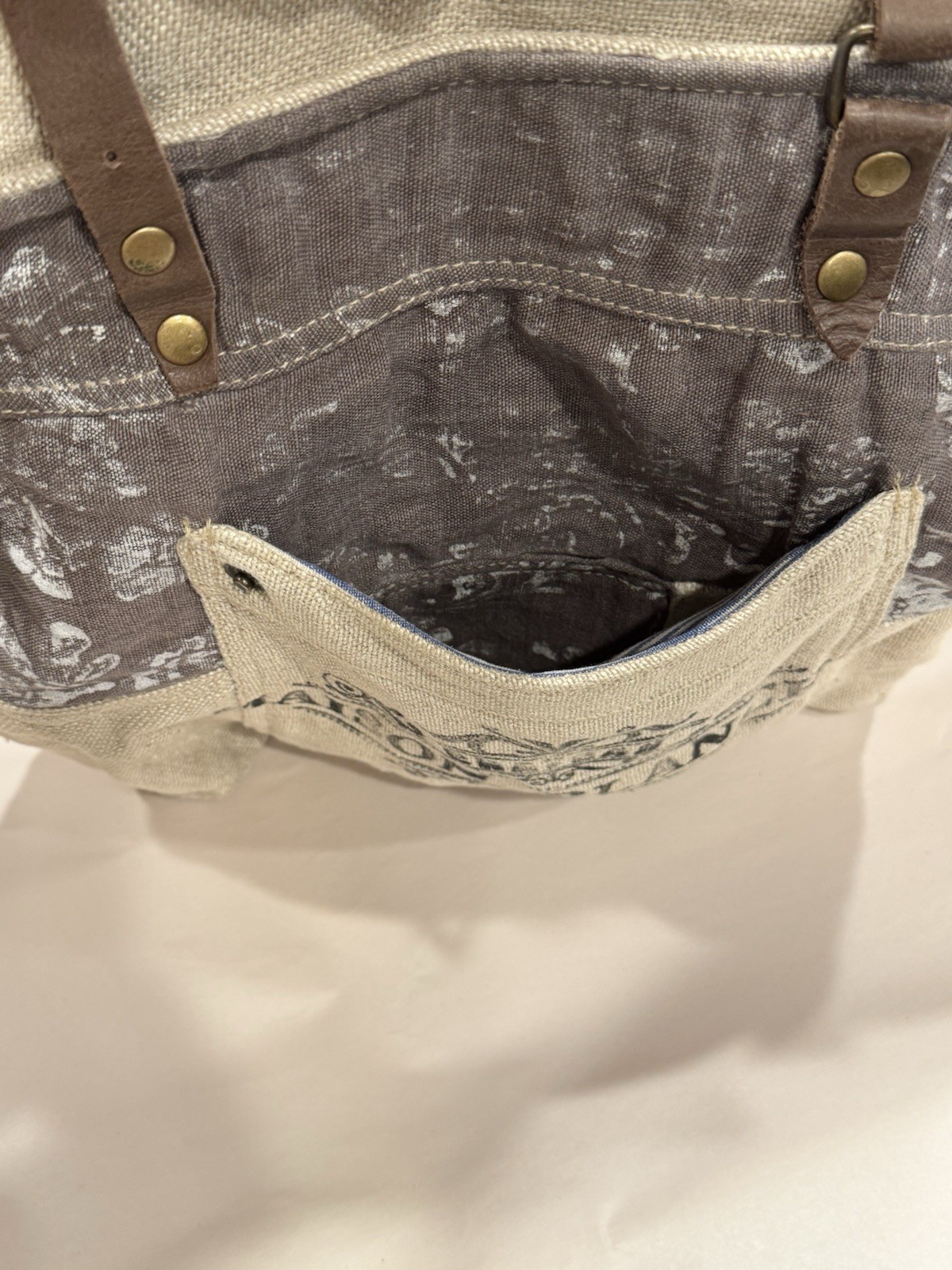 Myra Bag “Maison Blanche” Upcycled Linen Canvas Tote W/ Leather Handles