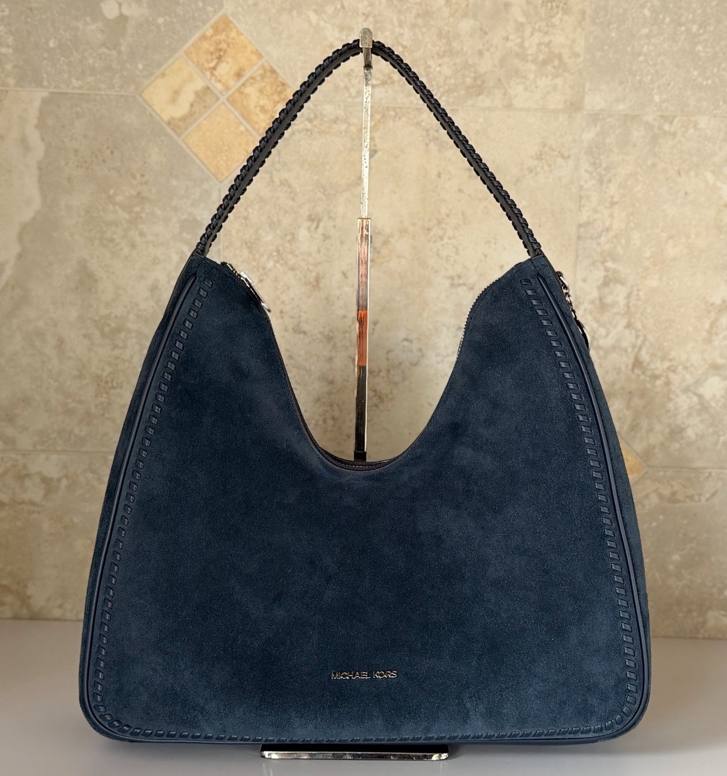 Michael Kors Nayla Medium Suede Leather Hobo Shoulder Bag Navy/Silver