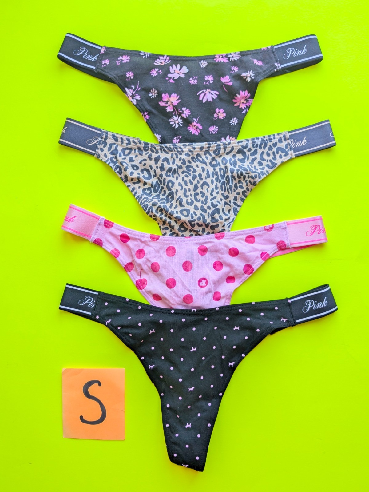 Victoria’s Secret PINK LOGO Strip Size S Cotton Thong Panty Bundle – Lot of 4