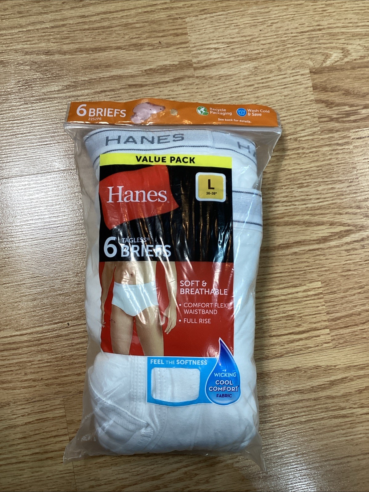 Hanes Mens White Tagless 6 Briefs Comfort Flex Waist, Wicking Large 36-38″