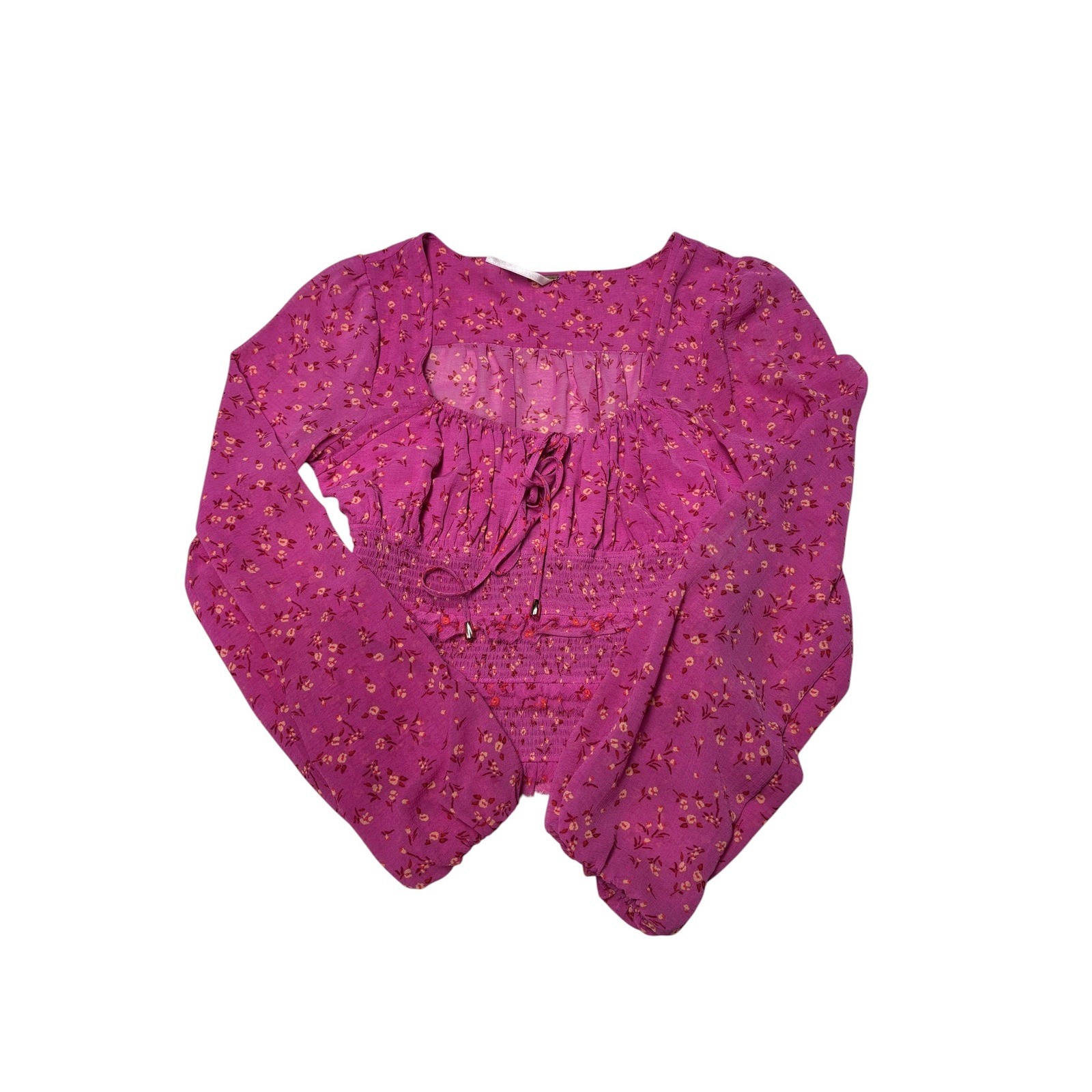 Free People Magenta Floral Smocked Peasant Top Square Neck Womens XS OB1018998