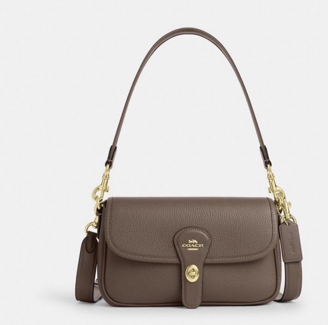 Coach Pebbled Shoulder Bag Dark Stone Turn Lock Crossbody Strap Gold Pockets