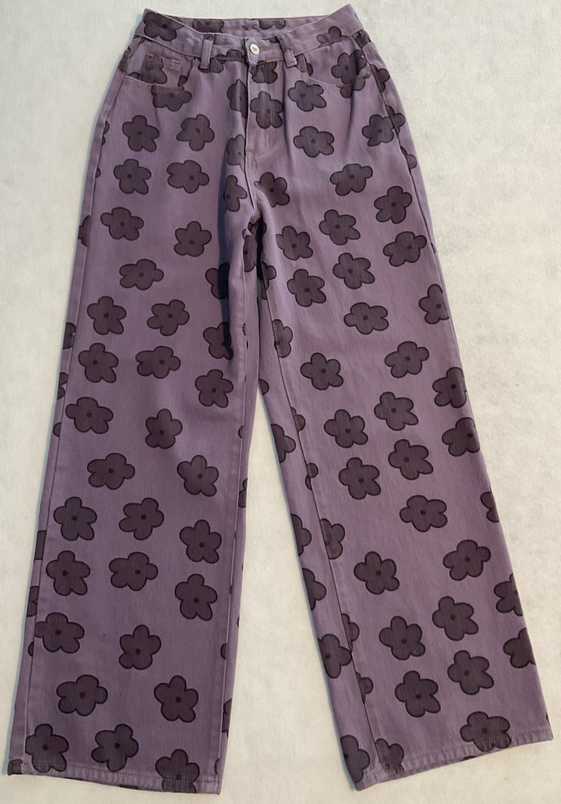Hesperus Jeans Women’s XS 25” Waist Purple Flowers Wide Leg Straight Hippy