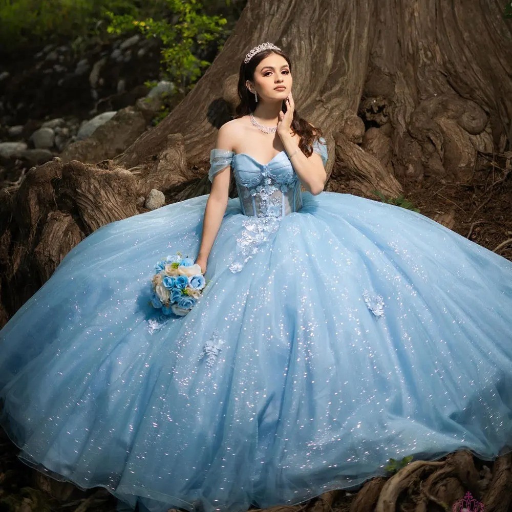 Off Shoulder Sky Blue Glitter Tulle Ball Gown 3D Floral Corset Quinceanera Dress