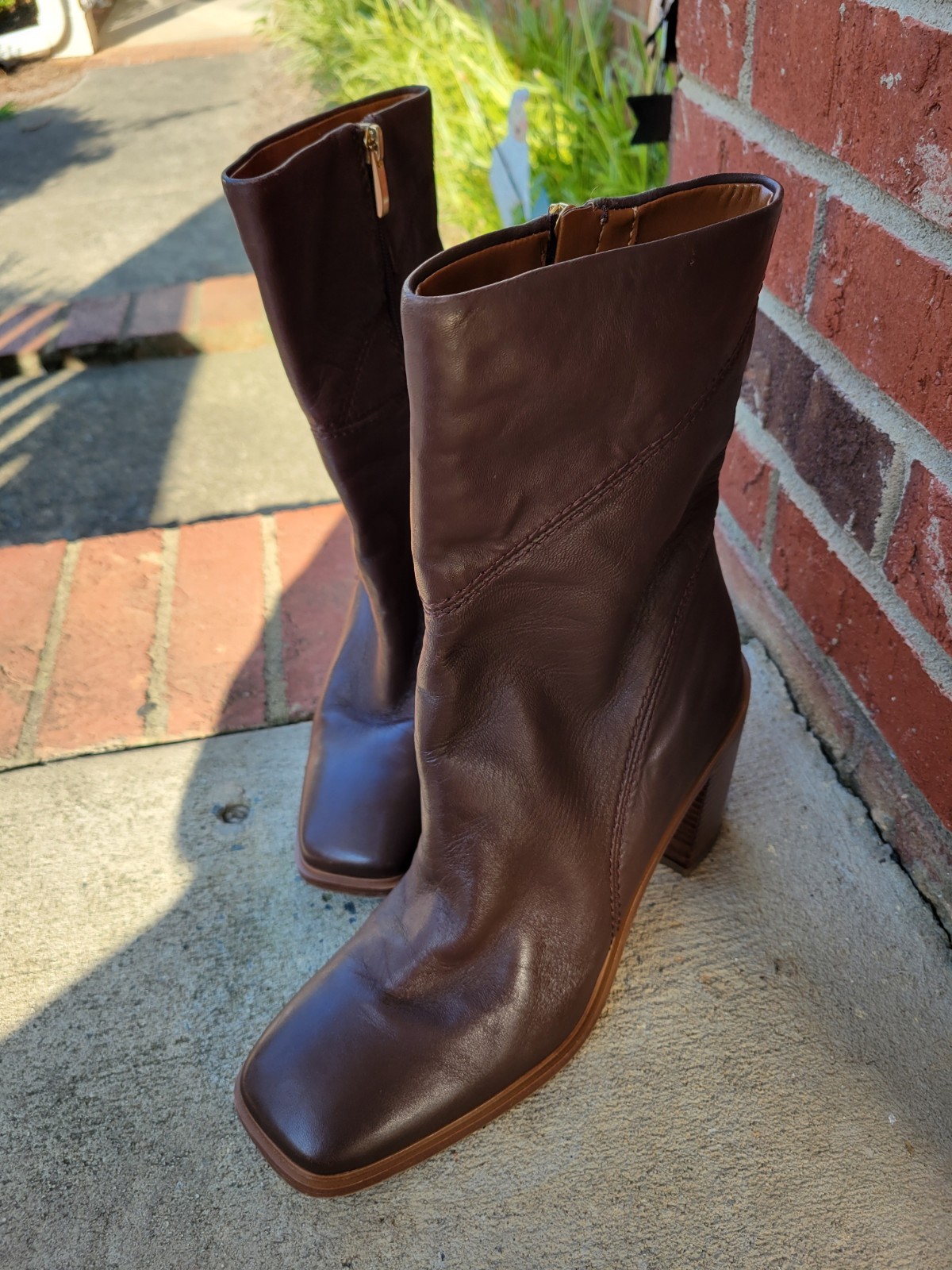 Women’s Genuine Leather Square-Toe Mid-Calf Boots – Brown
