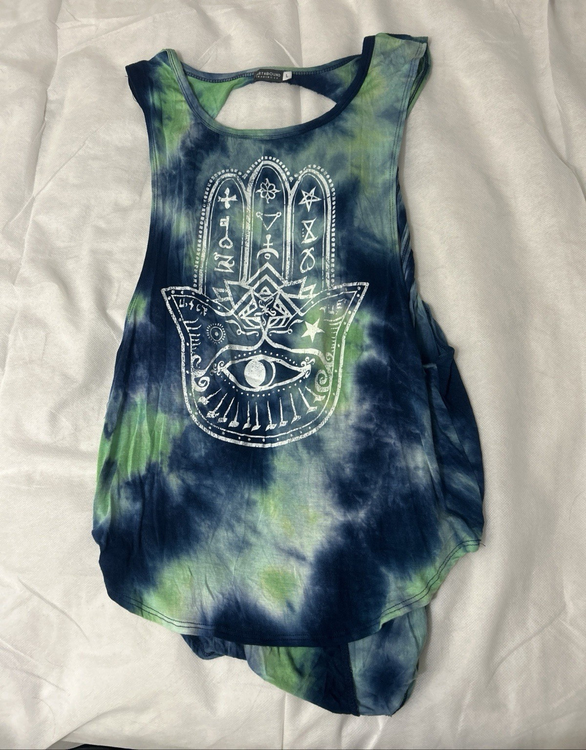 Earthbound Trading Co Women’s L Blue/Green Tie-Dye Hamsa Eye Tank Scoop Neck