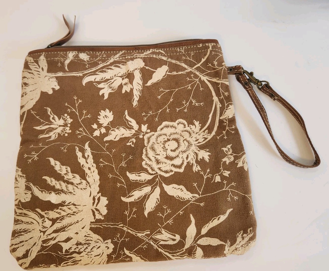 Myra Bag Handmade Starlit Pouch Upcycled Canvas & Cowhide Leather Wristlet 10.25