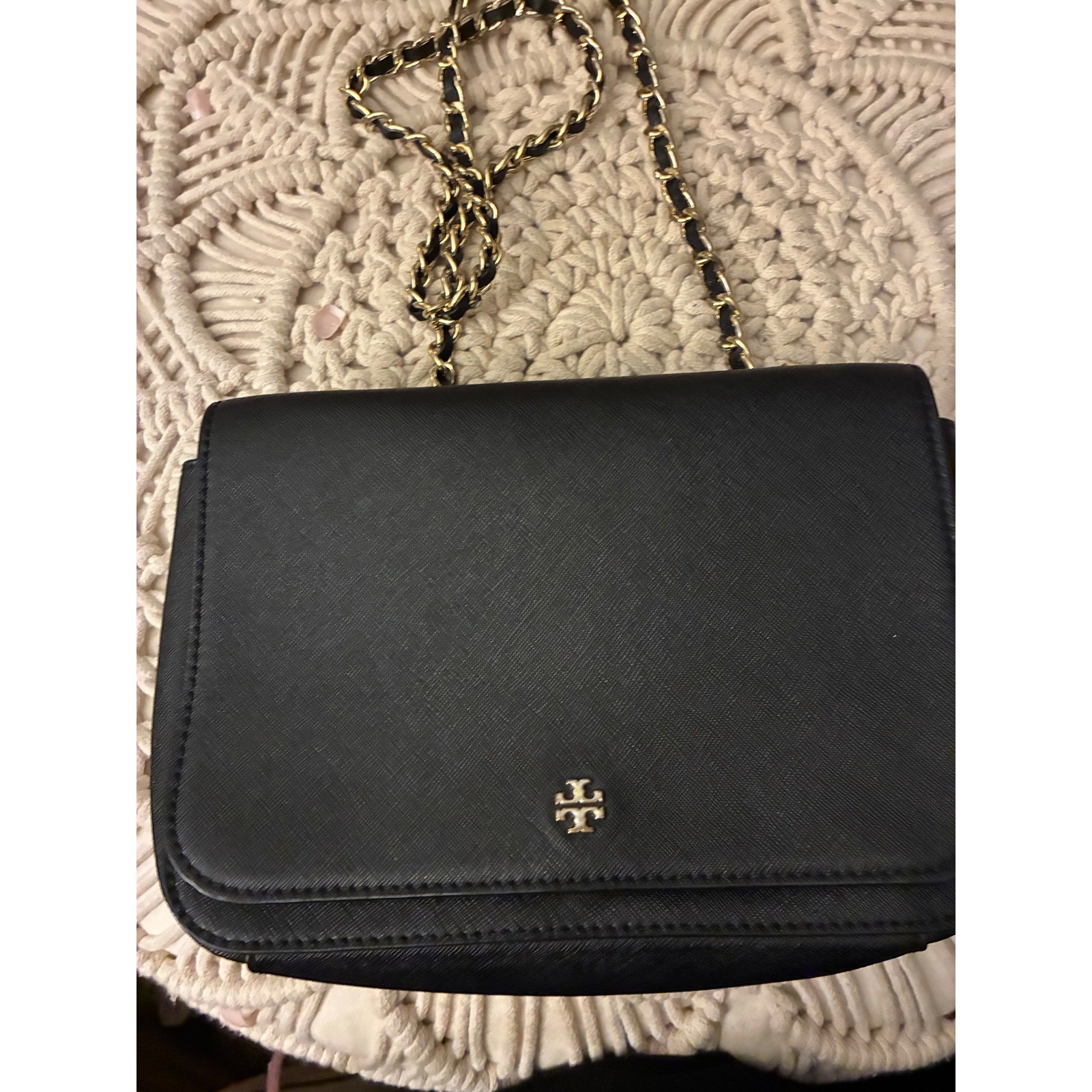 Tory Burch Robinson Black Saffiano Leather Chain Crossbody Bag Gold Hardware