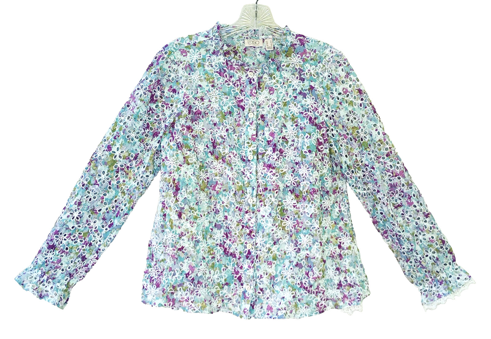 LOGO Size S Floral Lace Eyelet Cotton Gathered Long Sleeve Top Button-Up Women
