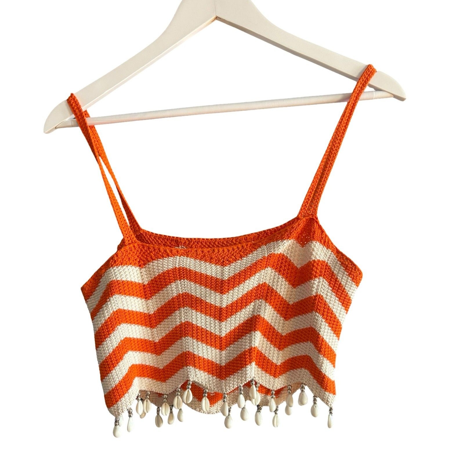 Sandro NWOT Cassandre Chevron Stripe Knit Crop Top Orange White Beaded Sz 0 / S