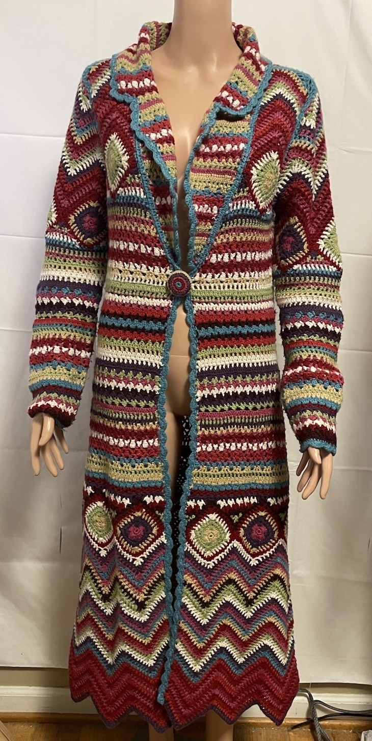 Monsoon Multicoloured Crochet Long Cardigan Size S/M (UK 10) Afghan Boho Hippie