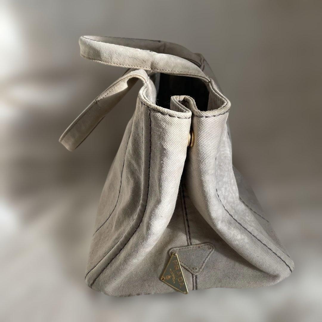 PRADA Canapa Canvas Tote Handbag Greige Triangle Logo Plate Bag Women Junk