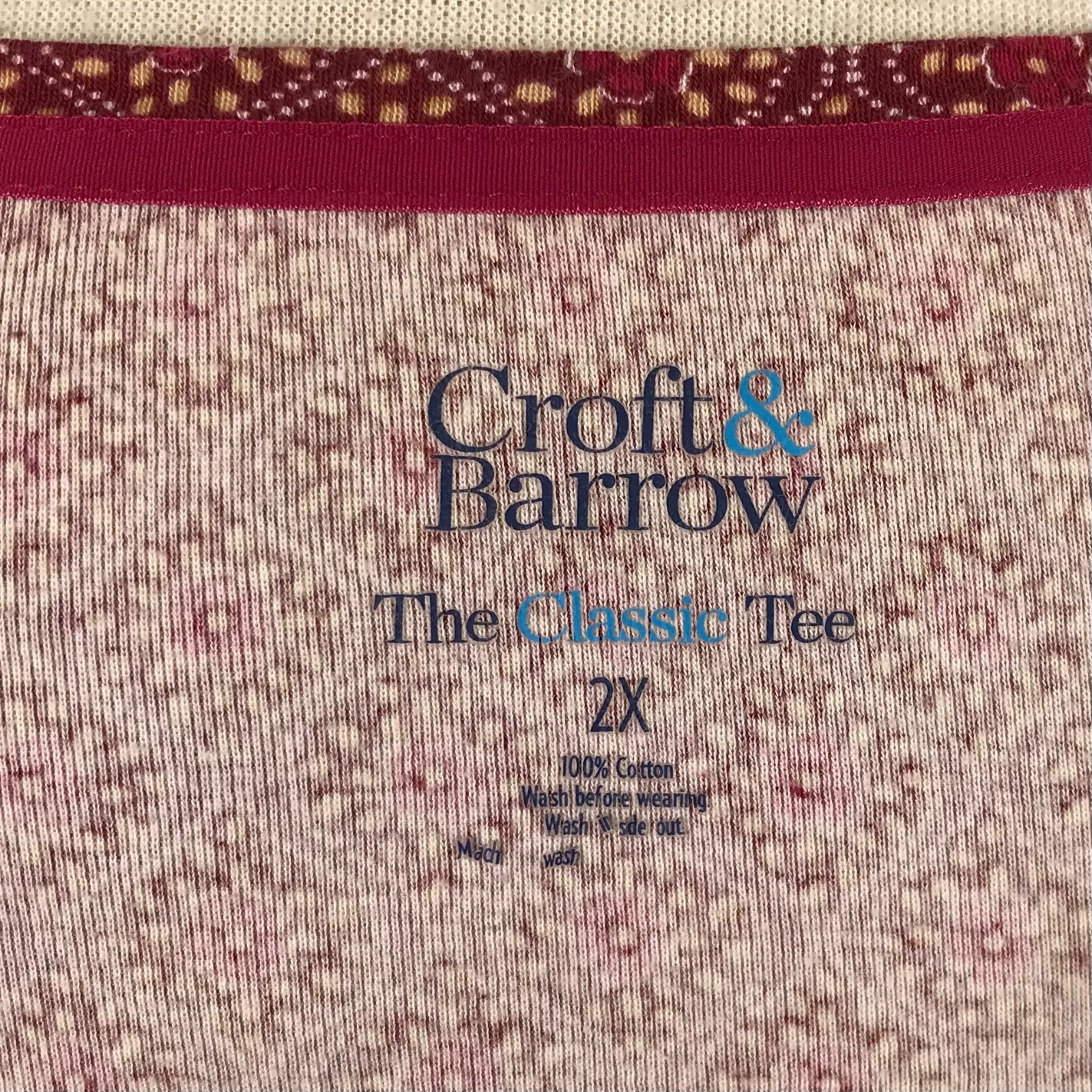 Croft & Barrow Classic Top Tee Shirt 2X Burgundy Geo Long Sleeve 100% Cotton