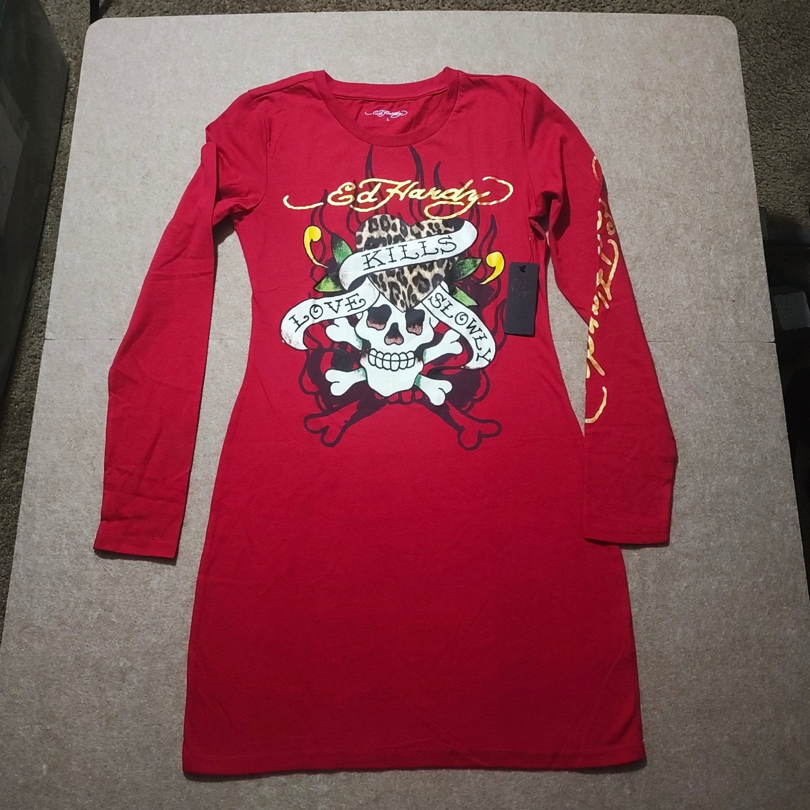 Ed Hardy Red Long Sleeve Skull Graphic Mini T-Shirt Dress Women L