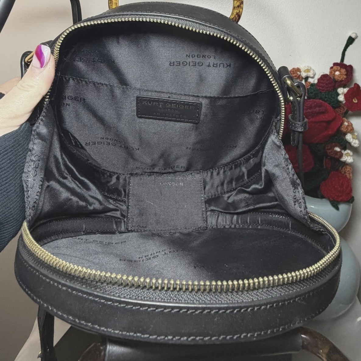 Kurt Geiger London Black Leather Round Crossbody Bag Tortoise Handle Eagle Head