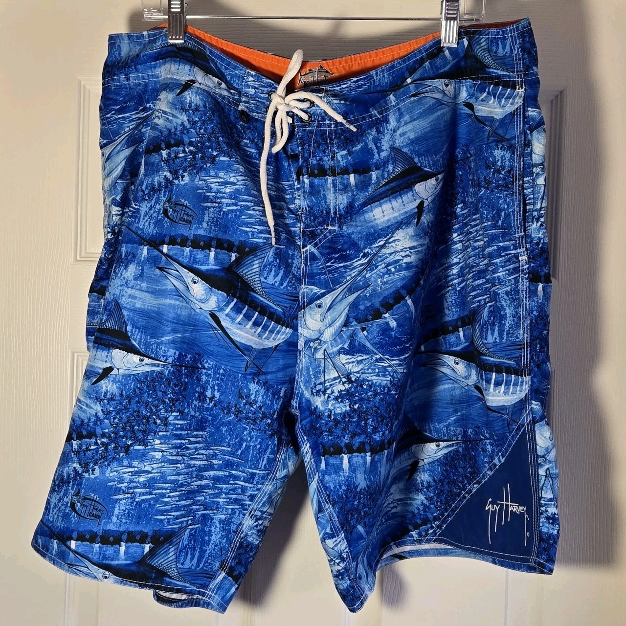 Guy Harvey Legend Blue Camo Marlin Board Shorts Mens Size 38 Swim Trunks Pockets