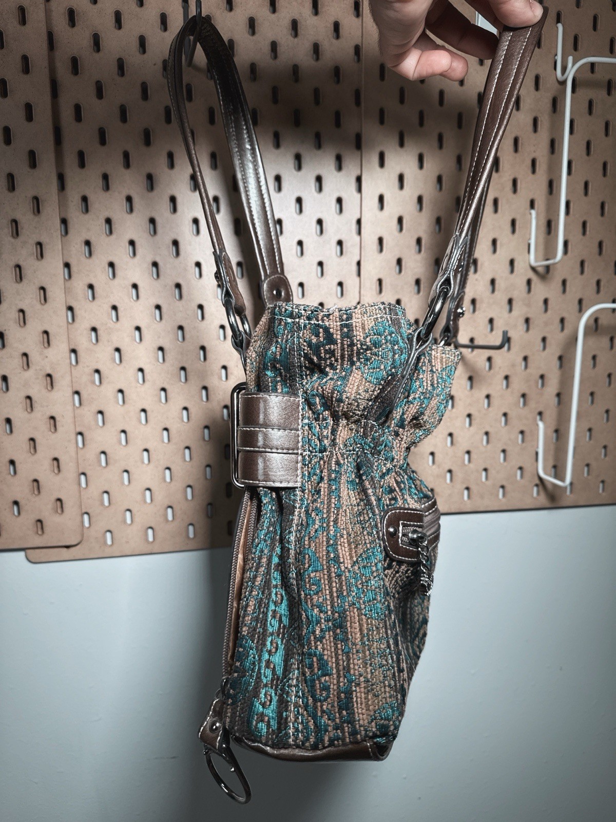 Brown Teal Geometric Shoulder Bag Zip Top Silver Hardware Lined Inner Pockets