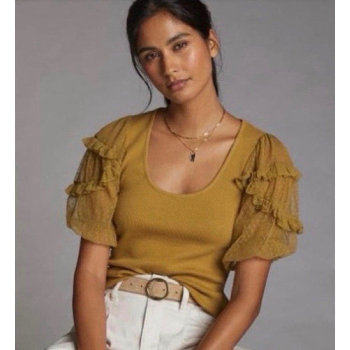 Maeve Anthropologie Mesh Puff Sleeve Top Size XS Ribbed Feminine Blouse Romantic