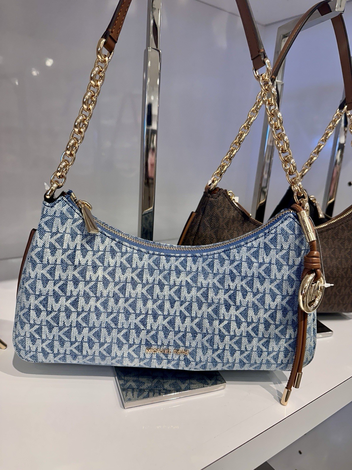 Michael Kors NWT Nolita Medium Signature Logo Print Denim Chain Pochette