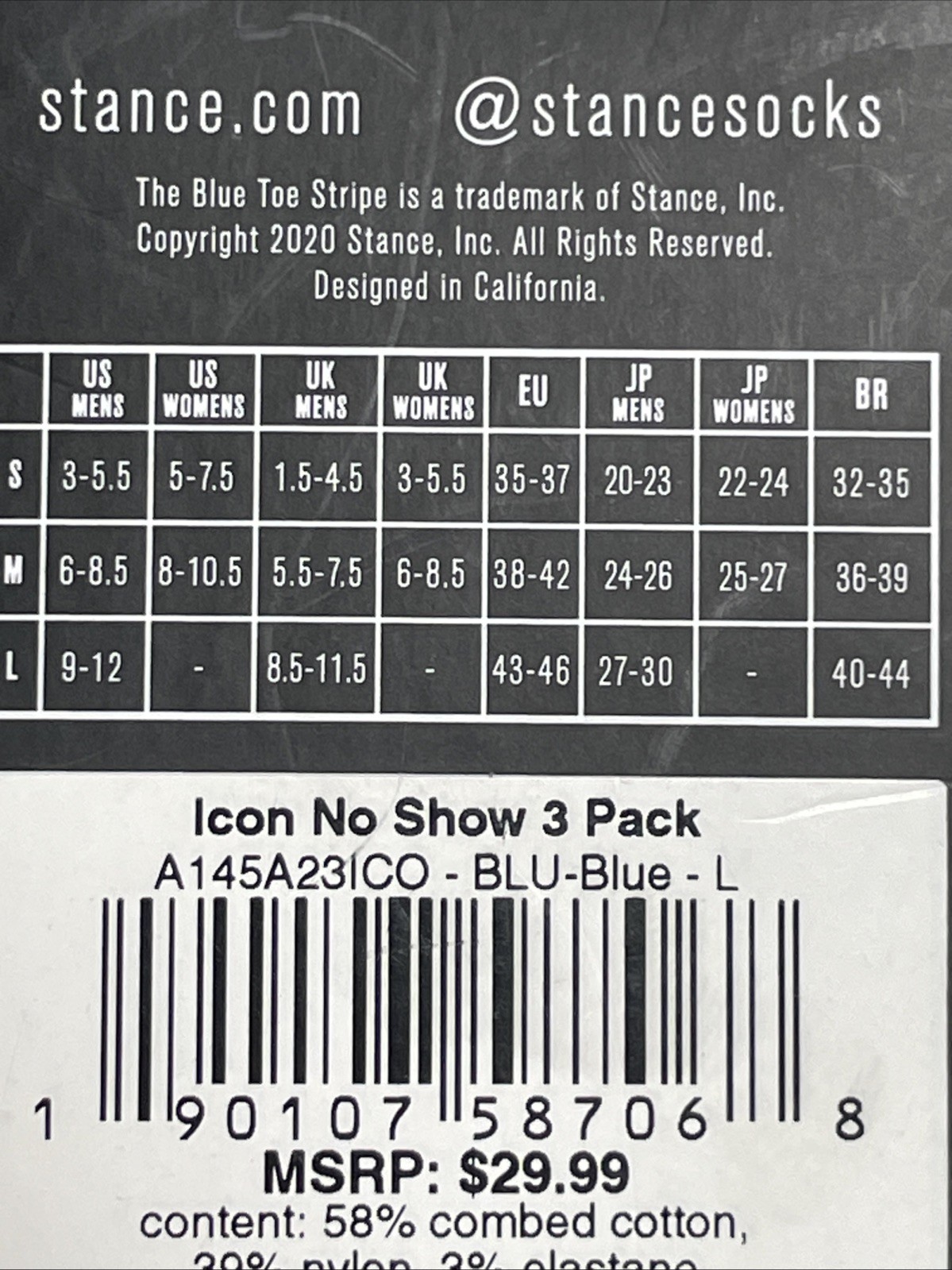 Stance Icon Casual No Show Socks 3-Pair PKG Cotton BLND Mens & Womens; Sz S,M,L
