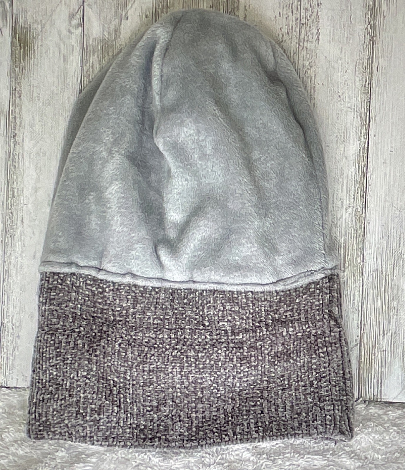 Gray Ribbed Knit Beanie Hat Fold Cuff Black White Red Striped One Size