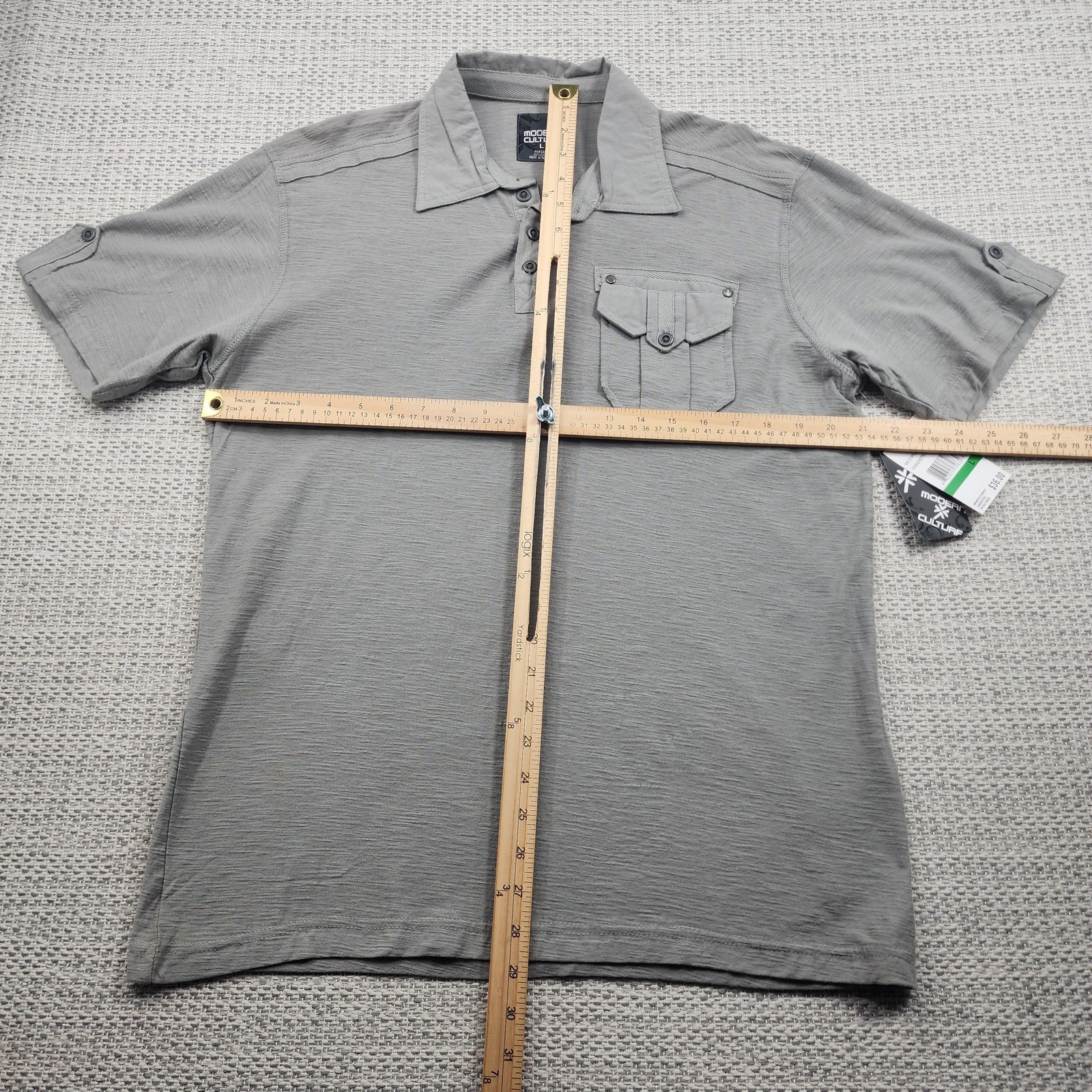 Modern Culture Polo Shirt Mens Large Gray Concrete Wash Pocket Button Casual New