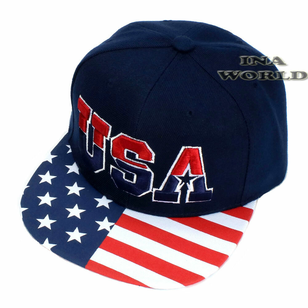 USA Flag Hat Stars and Stripes Flag Flat Bill Snapback Baseball Cap- Navy Blue