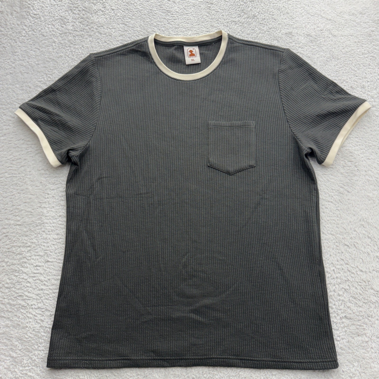 Dandy Del Mar Mens XL Waffle Knit Ringer T-Shirt Charcoal Grey Cream Pocket Tee
