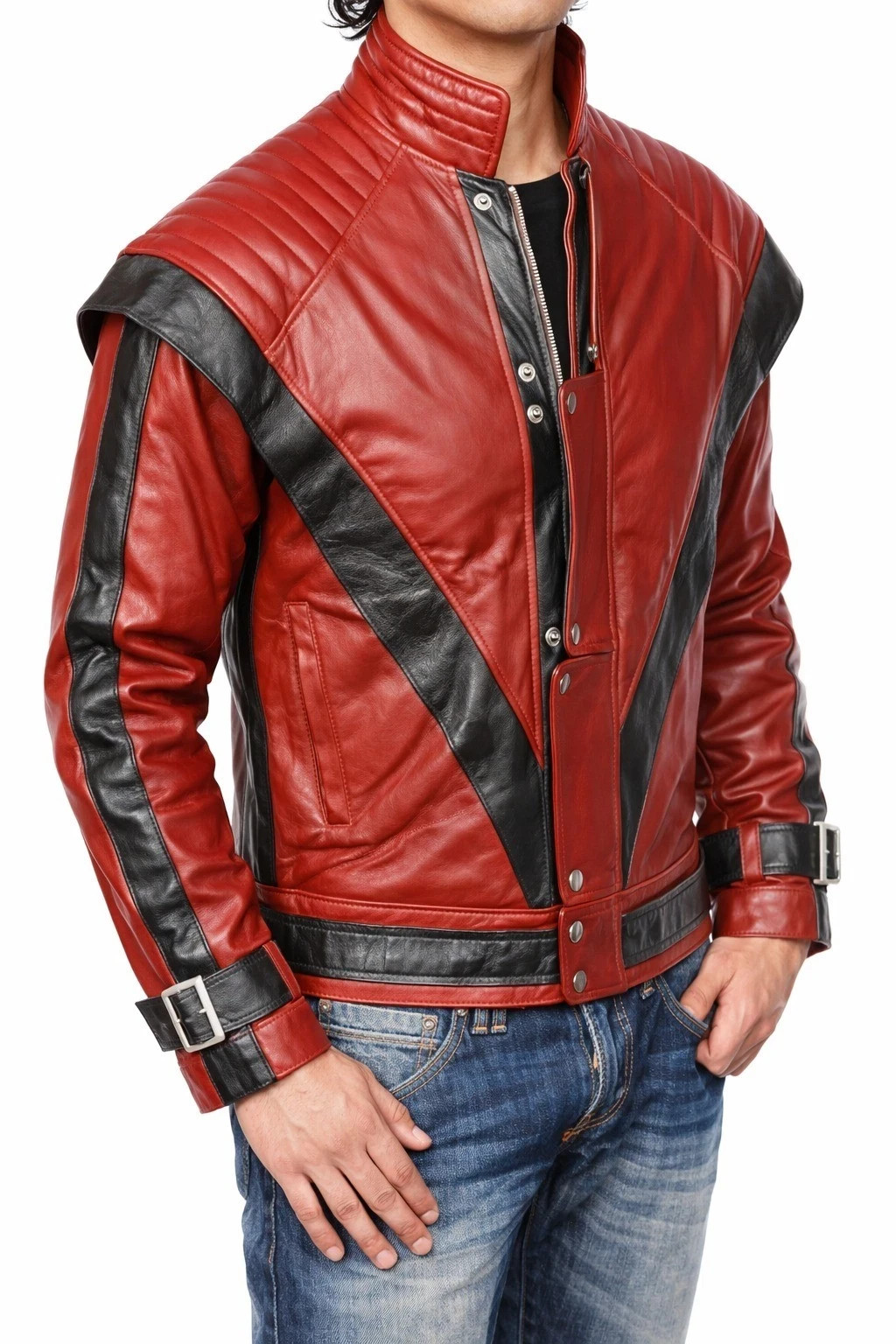 Mens MJ Michael Jackson Thriller Red Leather Jacket Real Sheepskin Cosplay Party