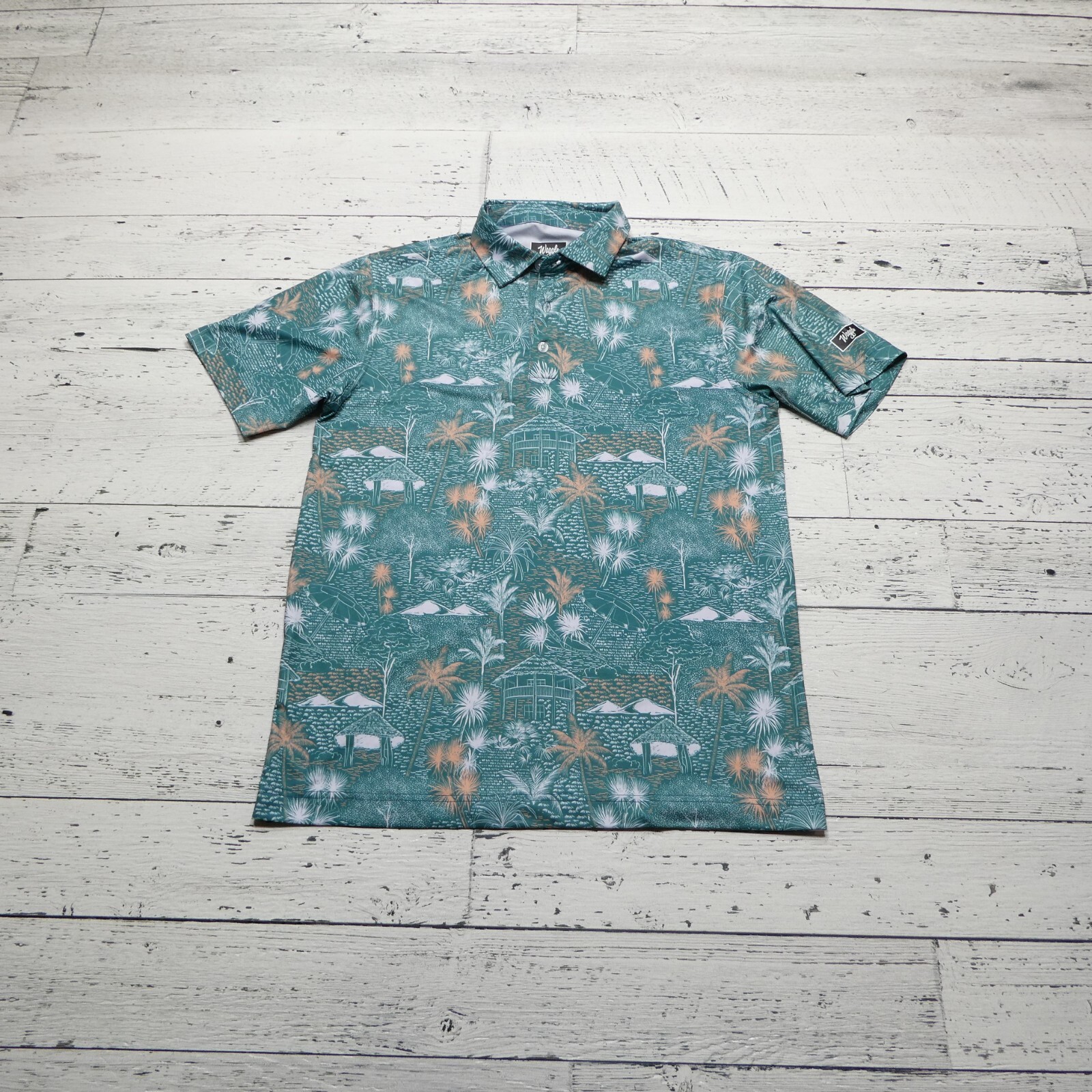 Waggle Polo Shirt Mens M Green Tropical Island Cabana Print Polyester Stretch
