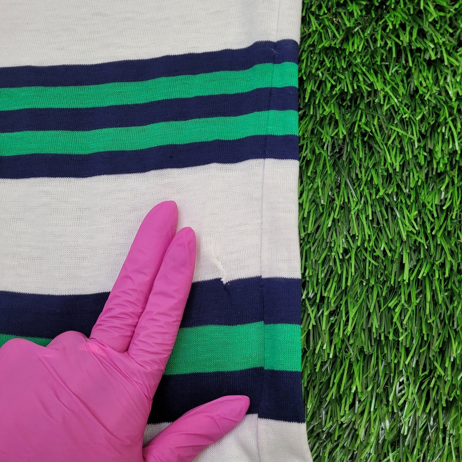 Vintage 90s MOD Polo Shirt Large 21×26 Green White Blue Stripes