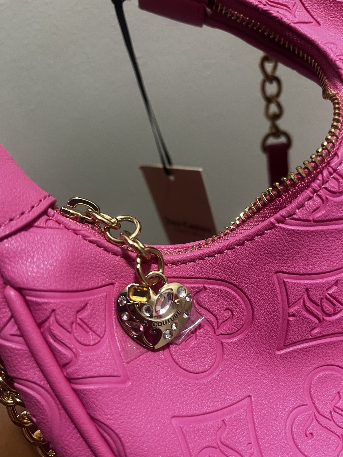 Juicy Couture Pink Embossed Logo Hobo Shoulder Bag Rhinestone Heart Charm Zip