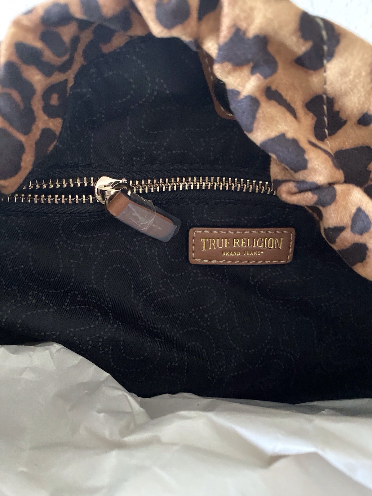True Religion Leopard Print Large Hobo Satchel Shoulder Bag With Chain & Charms