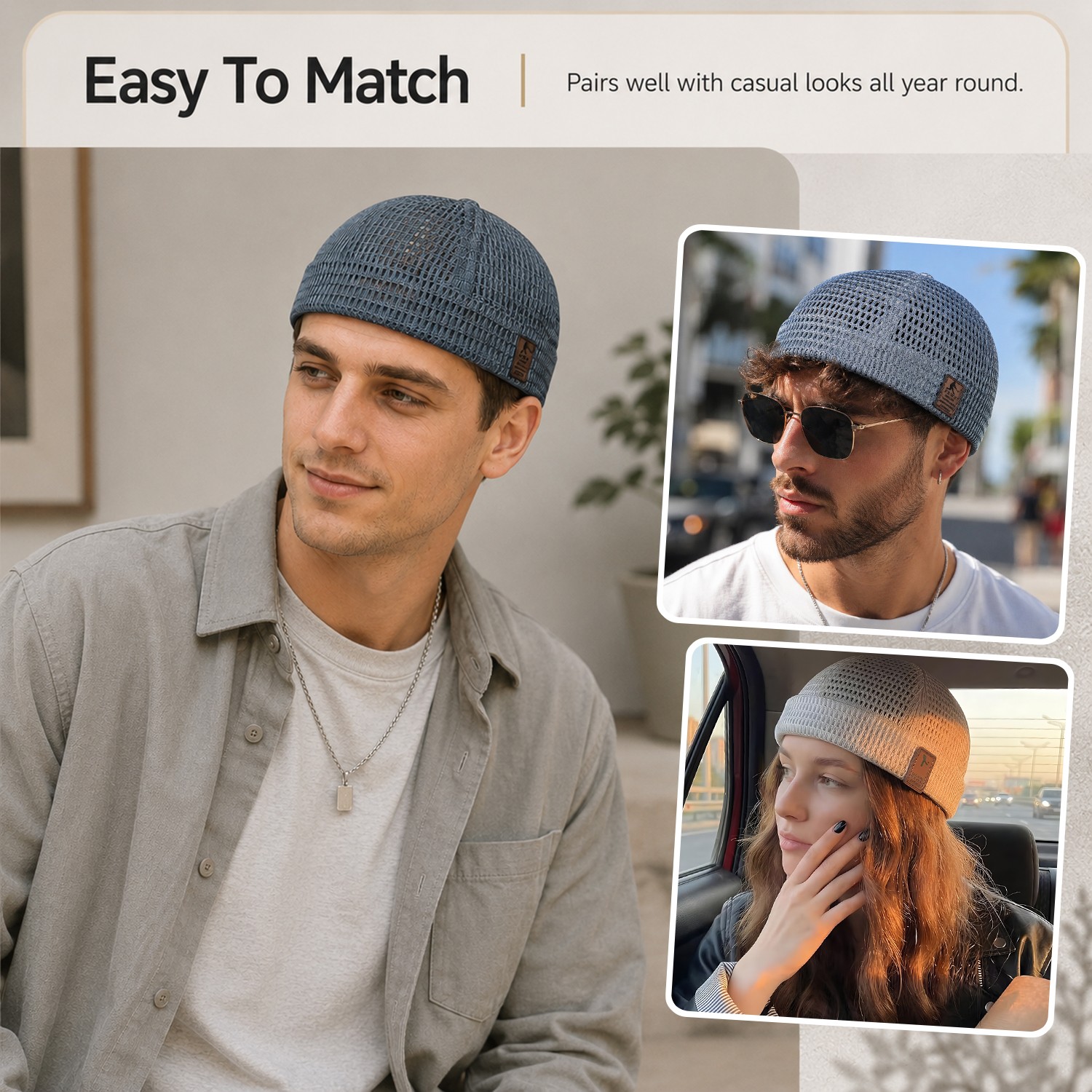 New Men Breathable Quick Dry Mesh Skullcap Brimless Adjustable Docker Beanie Hat