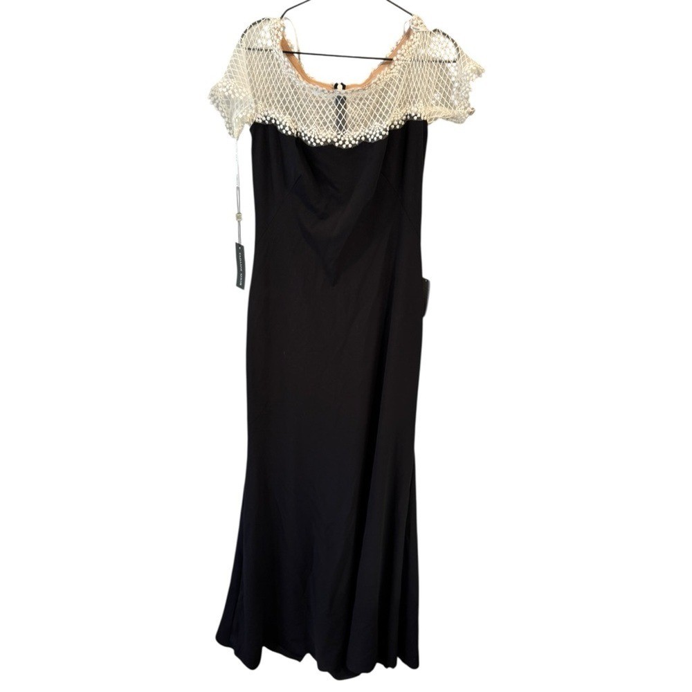 Tadashi Shoji Lace & Crepe A-Line Column Gown Large Black White Formal
