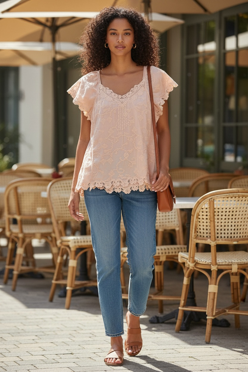 Democracy Short-Sleeve Open-Front Lace Ruffle Top Size Small
