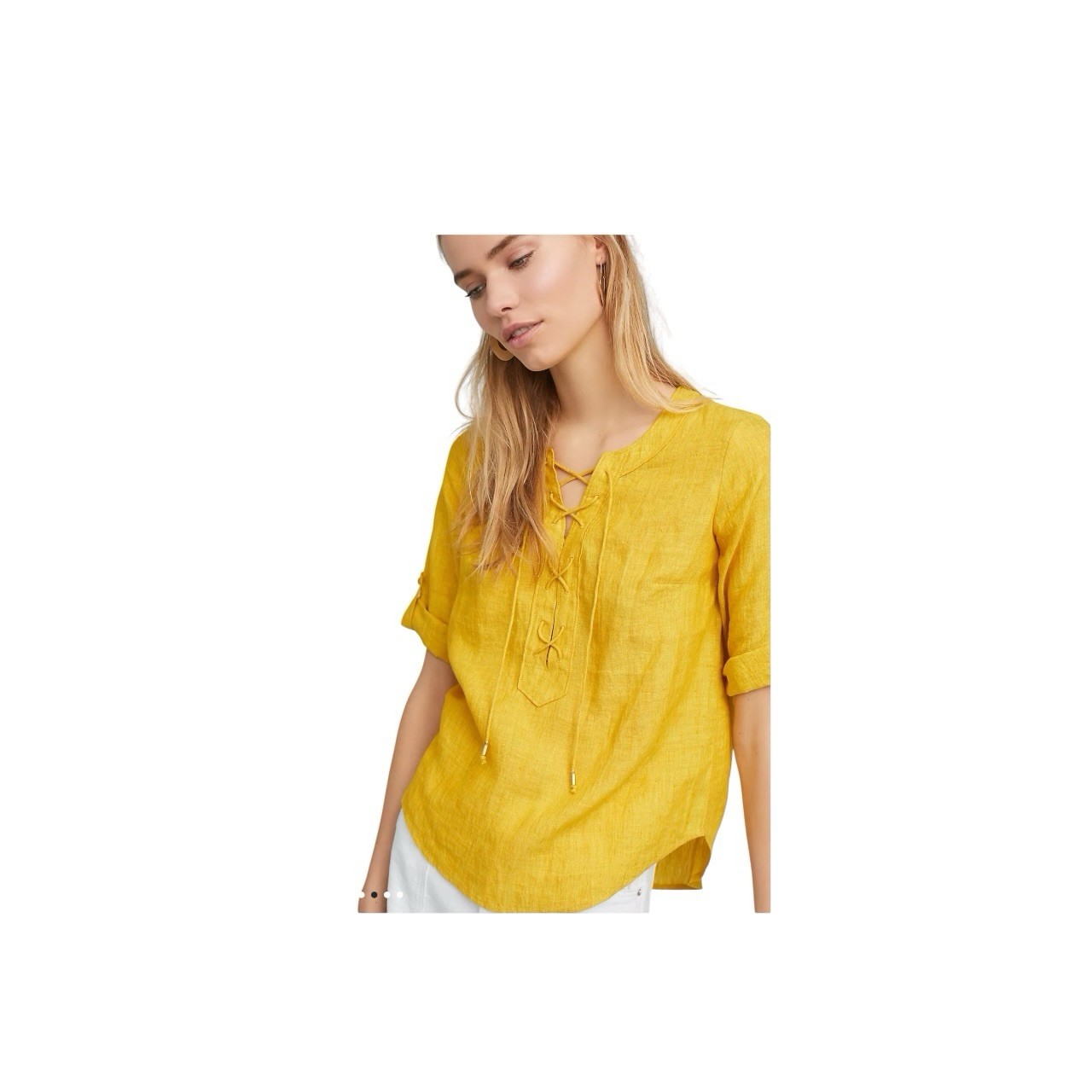 Maeve 4 Yellow Solid Woven Linen Lace-Up V-Neck Roll Tab 3/4 Tunic Blouse