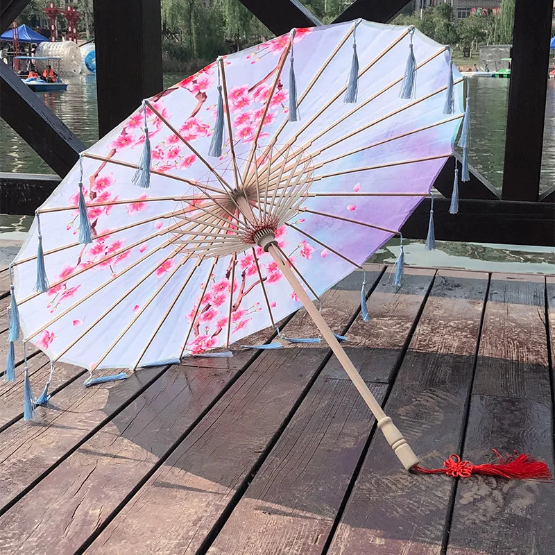 Cloth Parasol Umbrella 82cm Long Handle Silk Tassel Hanfu Cosplay Photo Prop