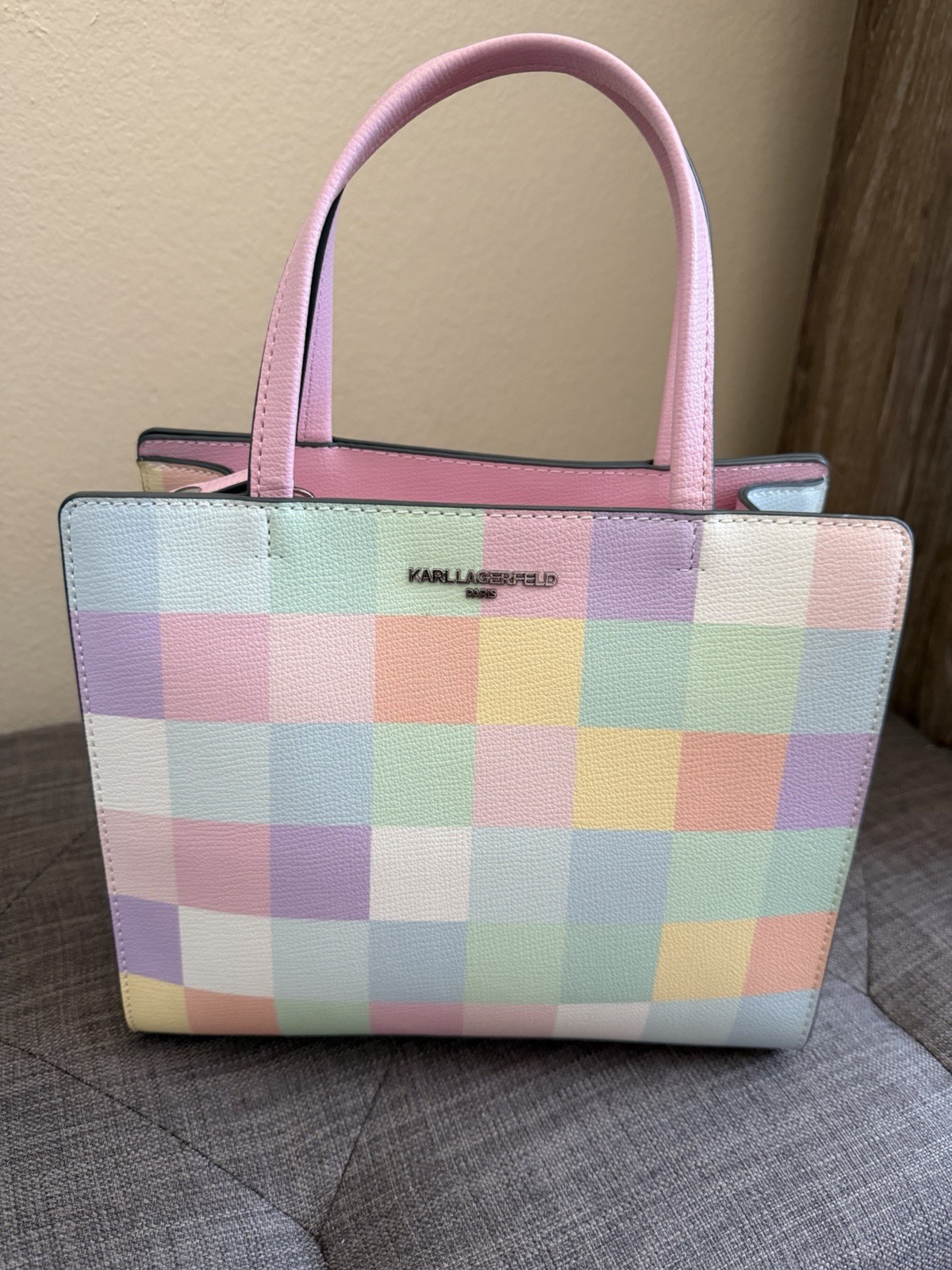 KARL LAGERFELD PARIS Multicolor Checkered Satchel Top Handle, Zip, Pockets